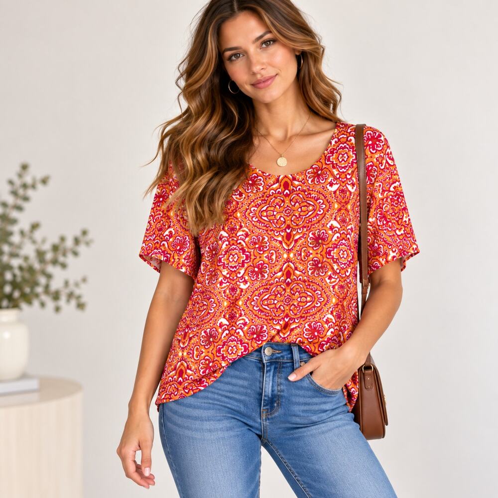 Susan Graver Rayon Blend Top Women's Size 2X Super Soft Vibrant Coral Coastal